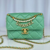 Chanel AS4986 Mini Flap Bag with Sparkling Lettering and Pearls Handle in Shiny Lambskin Green