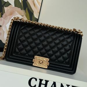 Chanel A67086 Boy Bag in Texture Calfskin Black/Gold