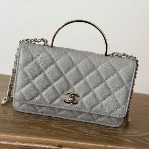 Chanel 66008 Clutch with Metal Enamel Handle in Grained Calfskin Grey