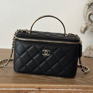 Chanel 66009 Cosmetic Bag with Metal Enamel Handle in Grained Calfskin Black