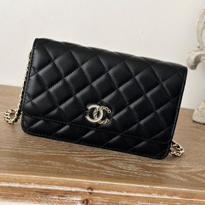 Chanel 66012 Classic Wallet with Strass Logo in Lambskin Black