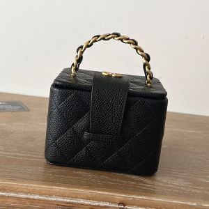 Chanel A2227 Cosmetic Bag with Woven Chain Strap Handle in Texture Calfskin Black