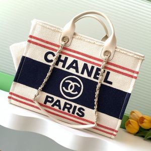Chanel A66941 Deauville Large Shopping Bag in Chanel Paris Printed Canvas Navy Blue