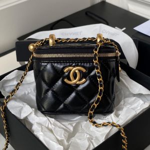 Chanel AP2292 Cosmetic Bag with Double Golden Ball in Lambskin Black