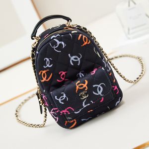Chanel AP3753 Mini Classic Backpack with Flap Pocket in Printed Fabric Black