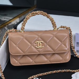 Chanel AP4167 Flap Phone Holder with Braided Handle in Shiny Lambskin Apricot