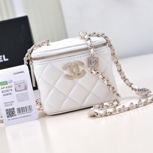 Chanel AP4302 Mini Cosmetic Bag with Embossed Strass Chain in Lambskin White