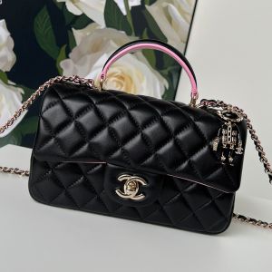 Chanel AS2431 Mini Classic Handbag With Top Handle and Lion Charm in Lambskin Black/Pink