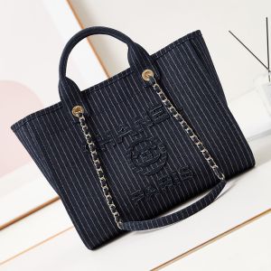Chanel AS3257 Deauville Small Shopping Bag in Striped Denim Black
