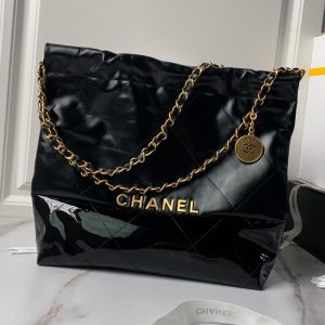 Chanel AS3260 Small 22 Hobo Bag with Chanel Letters in Patent Leather and Calfskin Black