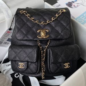 Chanel AS3860 Backpack with Logo Pockets in Grained Calfskin Black