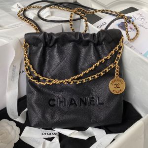 Chanel AS3980 Mini 22 Hobo Bag with Chanel Letters in Grained Calfskin Black
