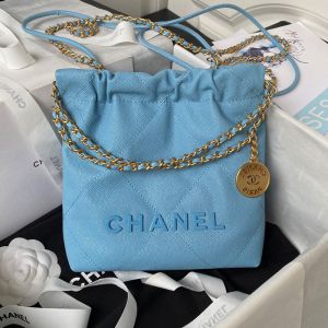 Chanel AS3980 Mini 22 Hobo Bag with Chanel Letters in Grained Calfskin Blue