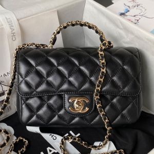 Chanel AS4140 Mini Classic Flap Bag with Strass Handle in Lambskin Black