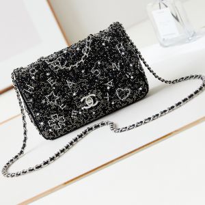Chanel AS4298 Mini Classic Flap Handbag in Strass and Calfskin Black