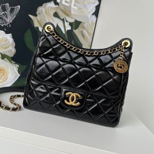 Chanel AS4322 Medium Hobo Crossbody Bag with Logo Pocket in Shiny Calfskin Black