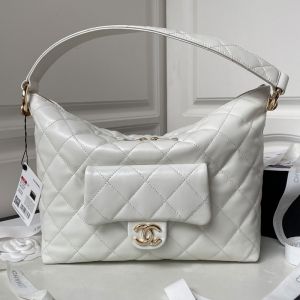 Chanel AS4347 Hobo Bag with Logo Flap Pocket in Calfskin White