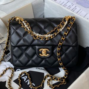 Chanel AS4384 Crossbody Bag with Pearls Chain in Lambskin Black