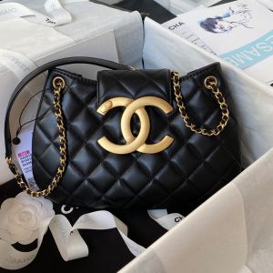 Chanel AS4610 Shoulder Bag with Maxi Logo in Lambskin Black
