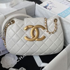 Chanel AS4610 Shoulder Bag with Maxi Logo in Lambskin White