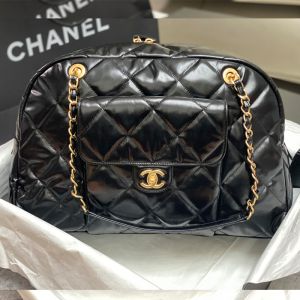 Chanel AS4812 Bowling Bag with Logo Pocket in Shiny Calfskin Black