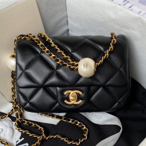Chanel AS4868 Classic Flap Bag with Pearl Balls Chain in Lambskin Black