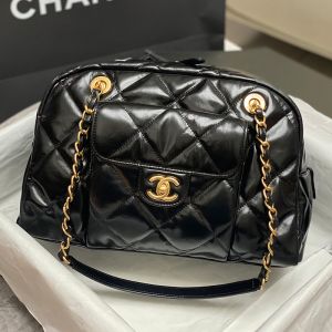 Chanel AS4905 Small Bowling Bag with Logo Pocket in Shiny Calfskin Black