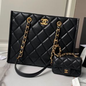 Chanel AS4940 Small Shopping Bag with Removable Clutch in Grained Calfskin Black