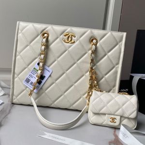 Chanel AS4940 Small Shopping Bag with Removable Clutch in Grained Calfskin White