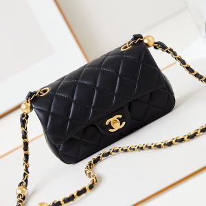 Chanel AS4947 Mini Flap Bag with Pearl Chain in Lambskin Black
