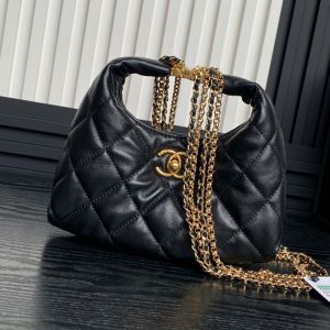Chanel AS4966 Hobo Handbag with Tassel Chain in Lambskin Black