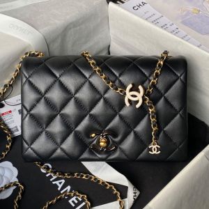 Chanel AS4967 Small Flap Bag with Enamel CC Charm in Lambskin Black