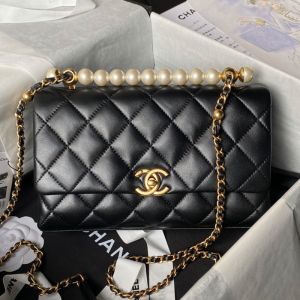 Chanel AS4997 Small Flap Bag with Pearl Handle in Lambskin Black
