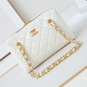 Chanel AS5152 Bowling Bag with Chain Strap in Shiny Lambskin White