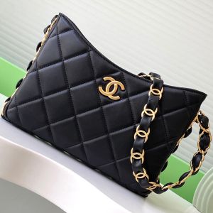 Chanel AS5177 Hobo Handbag with CC Logo Chain Strap in Lambskin Black