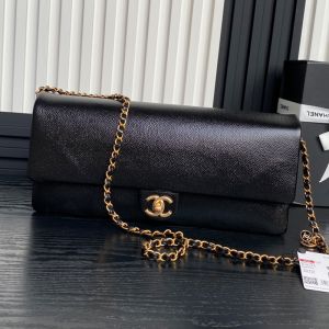 Chanel AS5182 Maxi Clutch with Chain Strap in Grained Shiny Calfskin Black