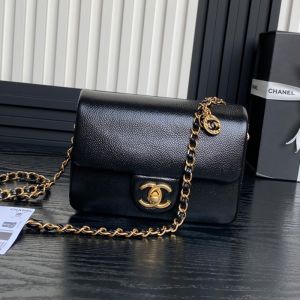 Chanel AS5218 Mini Flap Bag with Chain Strap in Grained Shiny Calfskin Black
