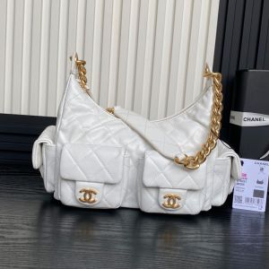 Chanel AS5339 Large Hoho Bag with Four Pockets in Shiny Lambskin White
