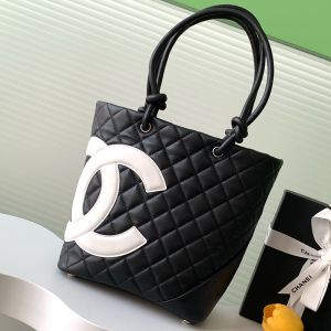 Chanel Mini Cambon Tote Bag with Maxi Logo in Calfskin Black/White