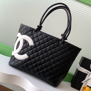 Chanel Cambon Tote Bag with Maxi Logo in Calfskin Black/White