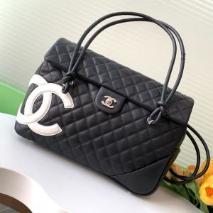 Chanel AS6338 Cambon Flap Handbag with Maxi Logo in Lambskin Black/White