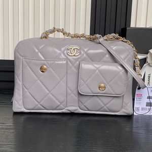 Chanel AS4933 Bowling Bag with Three Pockets in Shiny Calfskin Grey