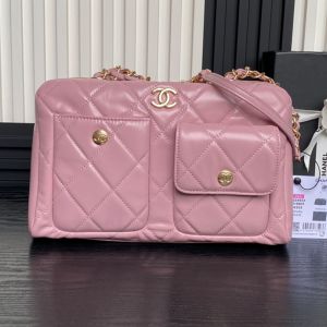Chanel AS4933 Bowling Bag with Three Pockets in Shiny Calfskin Pink