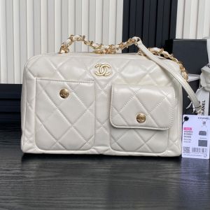 Chanel AS4933 Bowling Bag with Three Pockets in Shiny Calfskin White