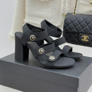 Chanel G46793 Sandals with Enamel Logo Buttons Women in Grosgrain Black