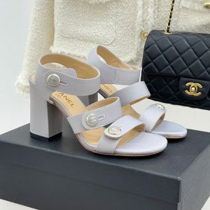 Chanel G46793 Sandals with Enamel Logo Buttons Women in Grosgrain Grey