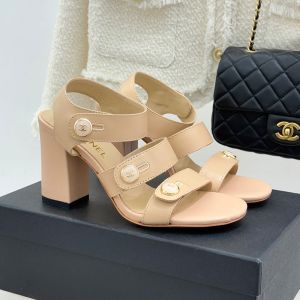 Chanel G46793 Sandals with Enamel Logo Buttons Women in Lambskin Apricot