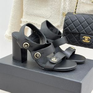Chanel G46793 Sandals with Enamel Logo Buttons Women in Lambskin Black