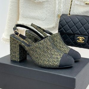 Chanel G46865 Slingback Pumps Women in Tweed and Grosgrain Gold/Black