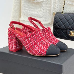 Chanel G46865 Slingback Pumps Women in Tweed and Grosgrain Red